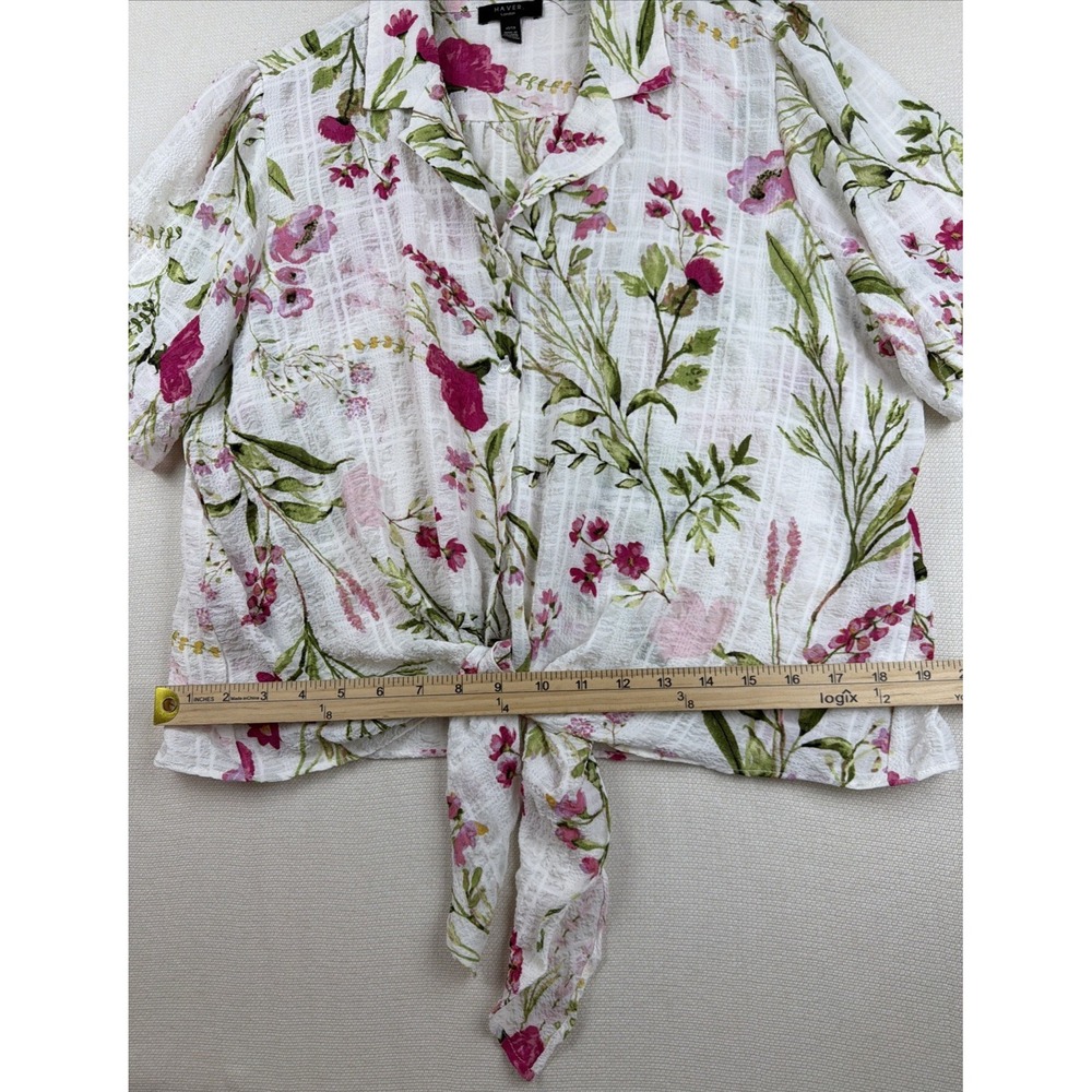Floral Button Up Crop Top Tie Front Blouse XL Coastal Resort Preppy Fairy Beachy - Picture 6 of 13